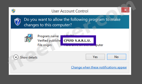 Screenshot where CPUID S.A.R.L.U. appears as the verified publisher in the UAC dialog